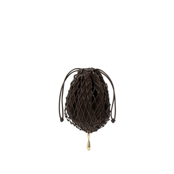 Savette Macrame Pouch in Coffee Suede and Leather | Clutch Bags | Coveti