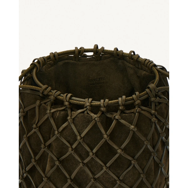 Savette Macrame Pouch in Mink Suede and Leather, view 2 | Clutch Bags | Coveti