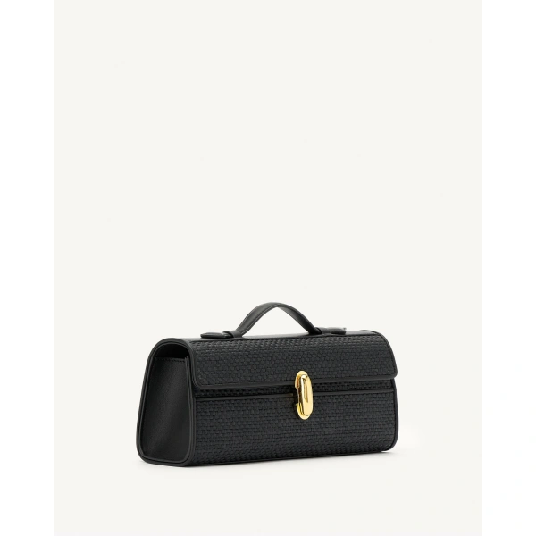 Savette Slim Symmetry Pochette in Black Raffia, view 2 | Totes & Top-Handle Bags | Coveti
