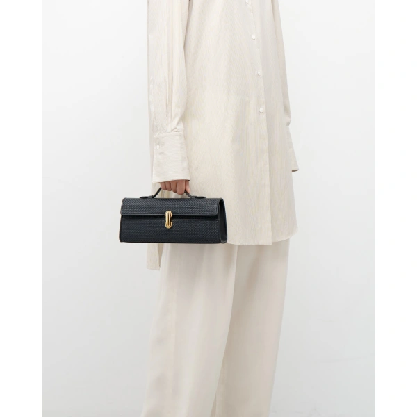 Savette Slim Symmetry Pochette in Black Raffia, view 4 | Totes & Top-Handle Bags | Coveti