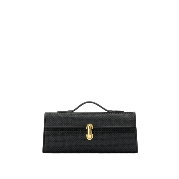 Savette Slim Symmetry Pochette in Black Raffia | Totes & Top-Handle Bags | Coveti