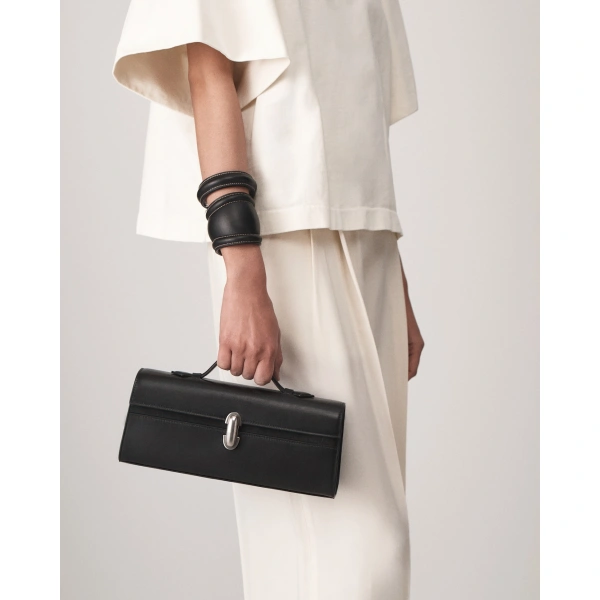 Savette Slim Symmetry Pochette in Black Vintage Leather, view 4 | Totes & Top-Handle Bags | Coveti