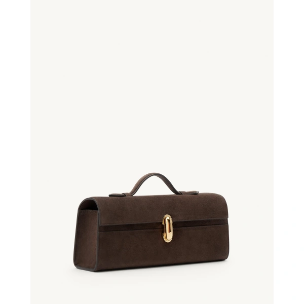 Savette Slim Symmetry Pochette in Coffee Suede, view 2 | Totes & Top-Handle Bags | Coveti