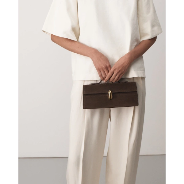 Savette Slim Symmetry Pochette in Coffee Suede, view 4 | Totes & Top-Handle Bags | Coveti