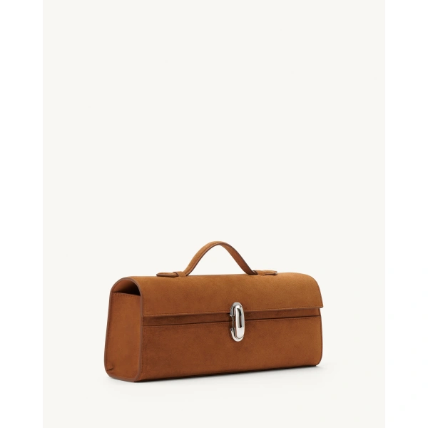 Savette Slim Symmetry Pochette in Cognac Suede, view 2 | Totes & Top-Handle Bags | Coveti