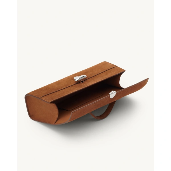 Savette Slim Symmetry Pochette in Cognac Suede, view 3 | Totes & Top-Handle Bags | Coveti