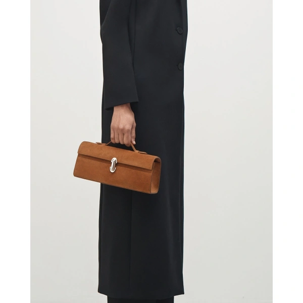 Savette Slim Symmetry Pochette in Cognac Suede, view 4 | Totes & Top-Handle Bags | Coveti