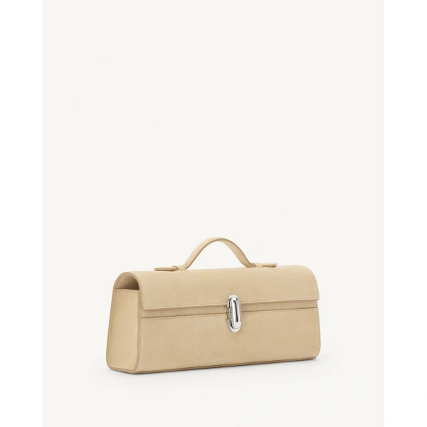 Savette Slim Symmetry Pochette in Flax Suede, view 2 | Totes & Top-Handle Bags | Coveti