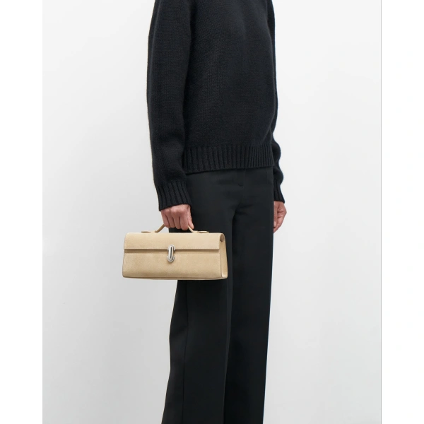 Savette Slim Symmetry Pochette in Flax Suede, view 4 | Totes & Top-Handle Bags | Coveti