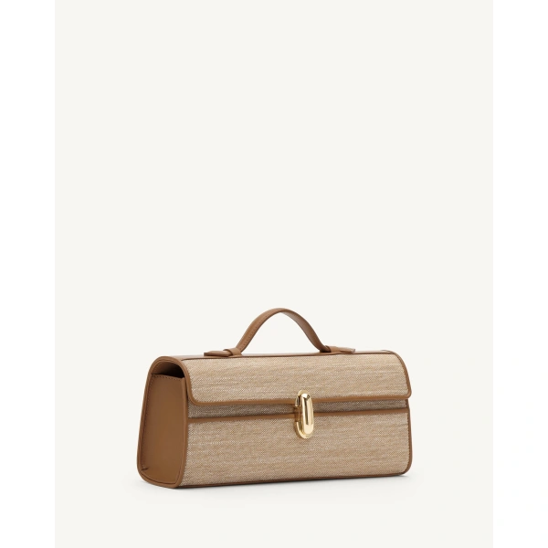 Savette Slim Symmetry Pochette in Saddle Canvas, view 2 | Totes & Top-Handle Bags | Coveti