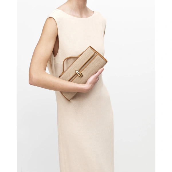 Savette Slim Symmetry Pochette in Saddle Canvas, view 4 | Totes & Top-Handle Bags | Coveti