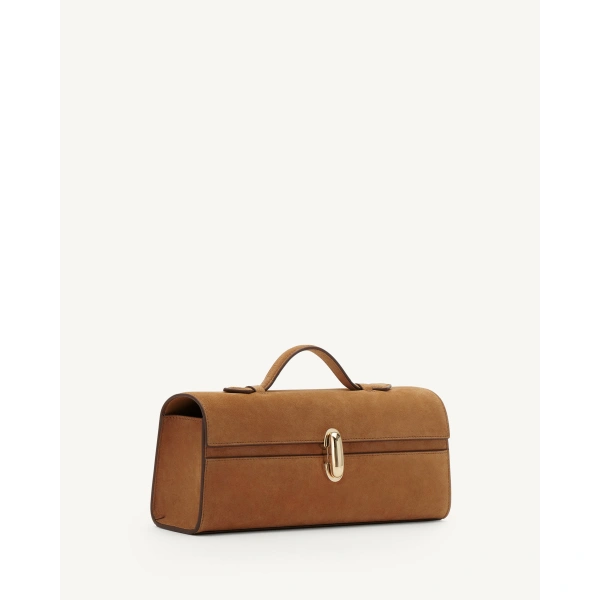Savette Slim Symmetry Pochette in Saddle Suede, view 2 | Totes & Top-Handle Bags | Coveti