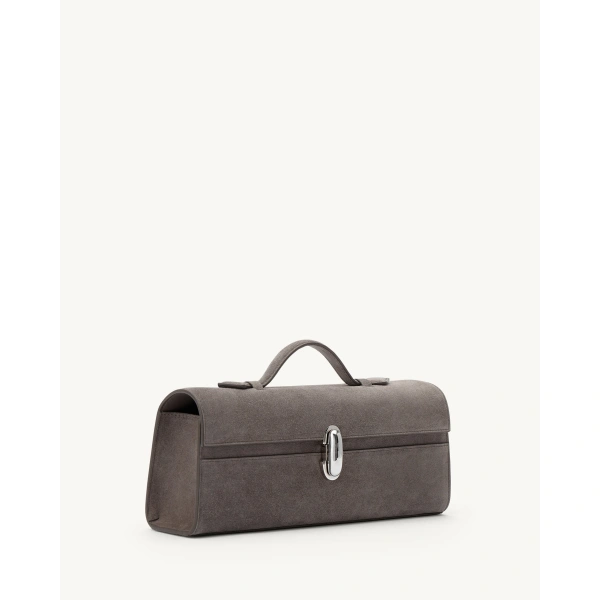 Savette Slim Symmetry Pochette in Smoke Suede, view 2 | Totes & Top-Handle Bags | Coveti