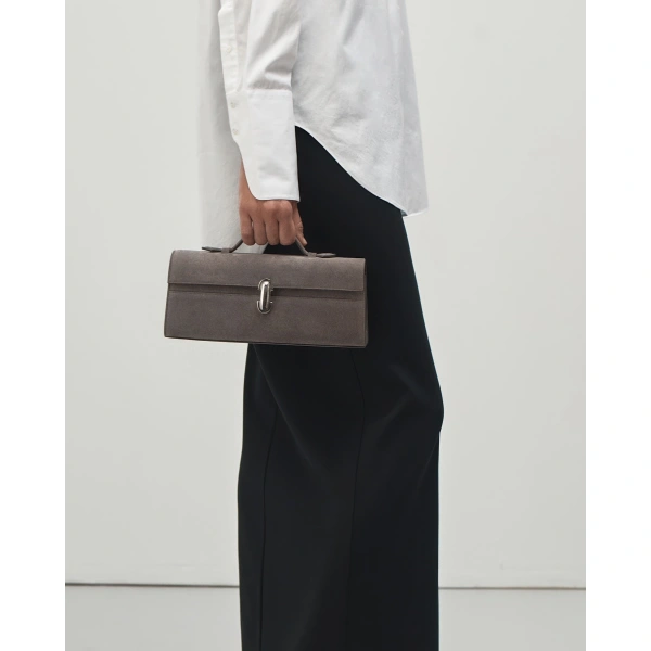 Savette Slim Symmetry Pochette in Smoke Suede, view 4 | Totes & Top-Handle Bags | Coveti
