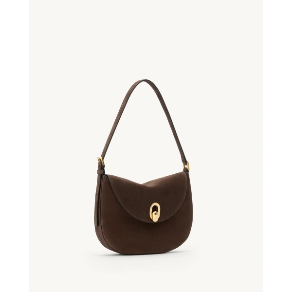 Savette Small Tondo Hobo in Coffee Suede, view 2 | Hobo Bags | Coveti