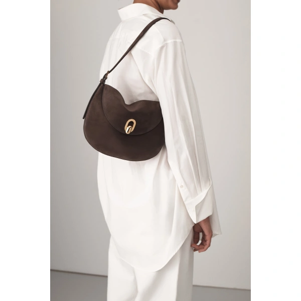 Savette Small Tondo Hobo in Coffee Suede, view 4 | Hobo Bags | Coveti