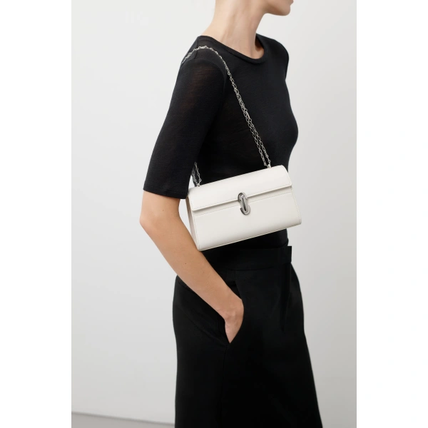 Savette Symmetry Chain Pochette in Bone Smooth Leather, view 5 | Shoulder & Crossbody Bags | Coveti