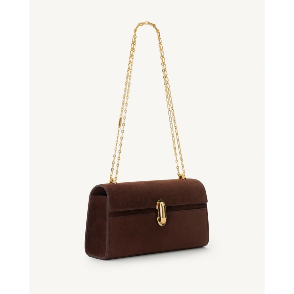 Savette Symmetry Chain Pochette in Espresso Suede, view 2 | Shoulder & Crossbody Bags | Coveti