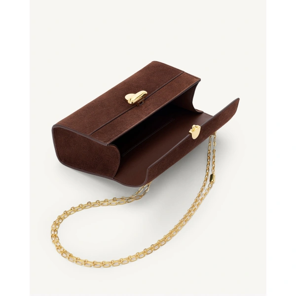 Savette Symmetry Chain Pochette in Espresso Suede, view 3 | Shoulder & Crossbody Bags | Coveti