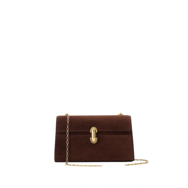 Savette Symmetry Chain Pochette in Espresso Suede | Shoulder & Crossbody Bags | Coveti