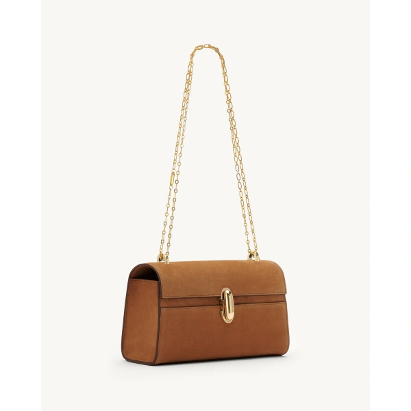 Savette Symmetry Chain Pochette in Saddle Suede, view 2 | Shoulder & Crossbody Bags | Coveti