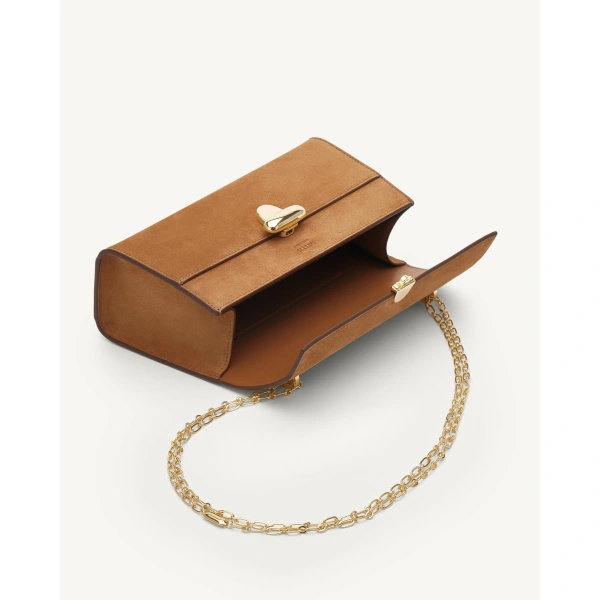 Savette Symmetry Chain Pochette in Saddle Suede, view 3 | Shoulder & Crossbody Bags | Coveti