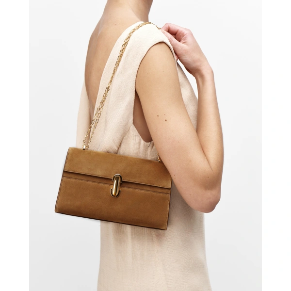 Savette Symmetry Chain Pochette in Saddle Suede, view 5 | Shoulder & Crossbody Bags | Coveti