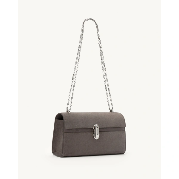 Savette Symmetry Chain Pochette in Smoke Suede, view 2 | Shoulder & Crossbody Bags | Coveti