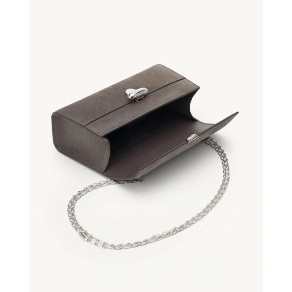 Savette Symmetry Chain Pochette in Smoke Suede, view 3 | Shoulder & Crossbody Bags | Coveti