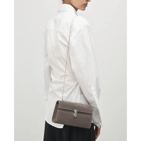 Savette Symmetry Chain Pochette in Smoke Suede, view 4 | Shoulder & Crossbody Bags | Coveti