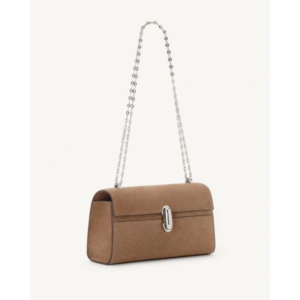 Savette Symmetry Chain Pochette in Taupe Suede, view 2 | Shoulder & Crossbody Bags | Coveti