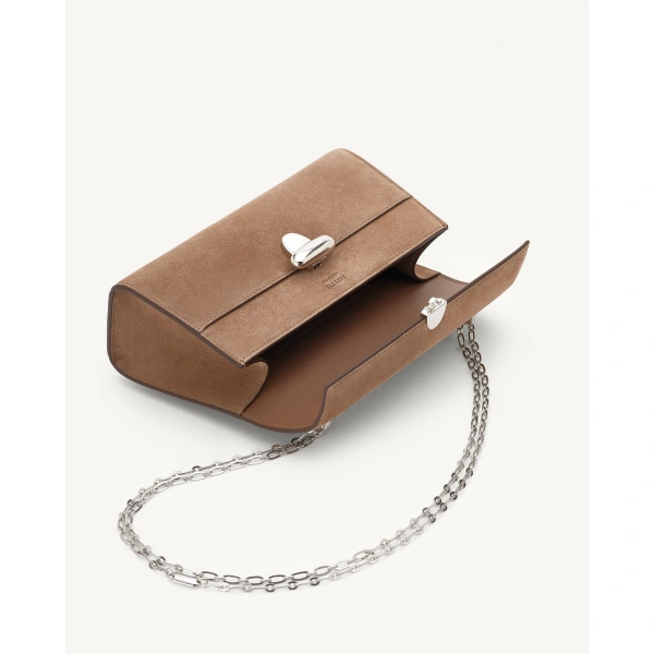 Savette Symmetry Chain Pochette in Taupe Suede, view 3 | Shoulder & Crossbody Bags | Coveti