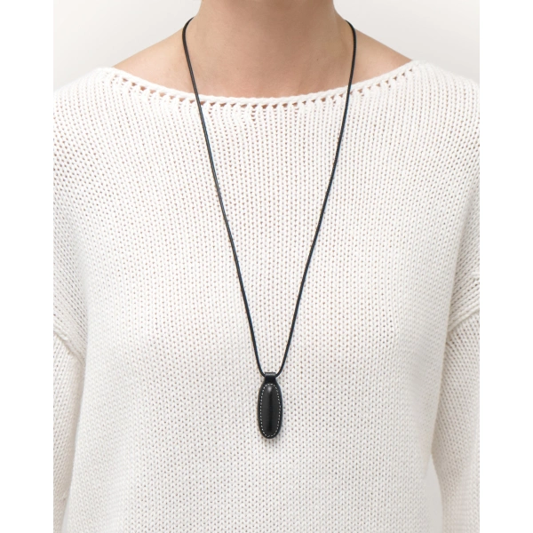 Savette Symmetry Pendant Necklace in Black Smooth Leather, view 3 | Pendant Necklaces | Coveti