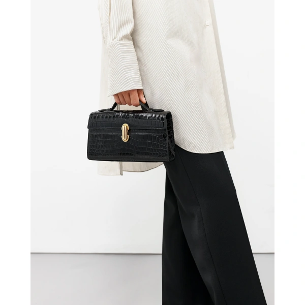 Savette Symmetry Pochette in Black Crocodile, view 4 | Totes & Top-Handle Bags | Coveti