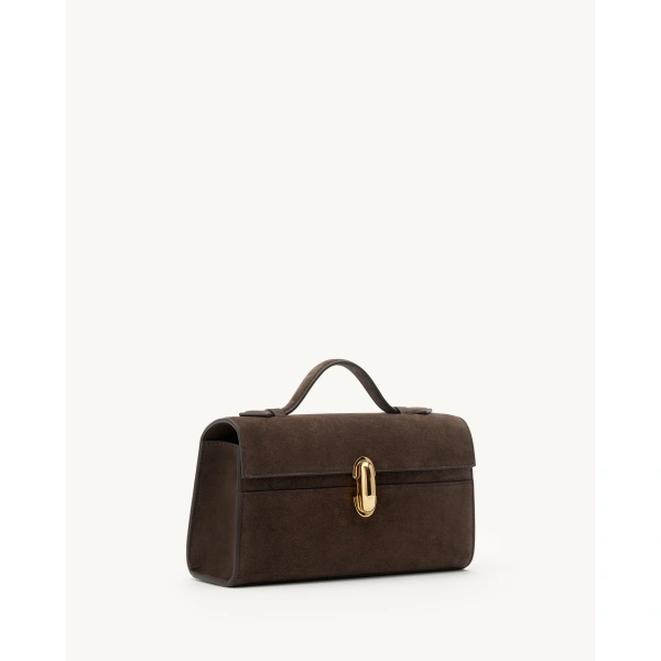 Savette Symmetry Pochette in Coffee Suede, view 2 | Totes & Top-Handle Bags | Coveti