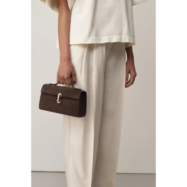 Savette Symmetry Pochette in Coffee Suede, view 4 | Totes & Top-Handle Bags | Coveti