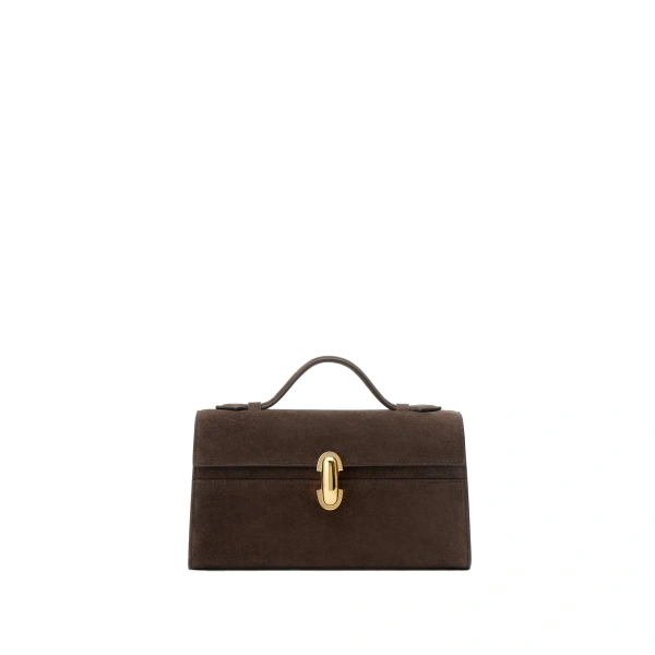 Savette Symmetry Pochette in Coffee Suede | Totes & Top-Handle Bags | Coveti