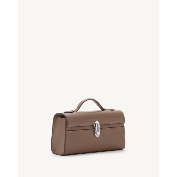 Savette Symmetry Pochette in Taupe Smooth Leather, view 2 | Totes & Top-Handle Bags | Coveti