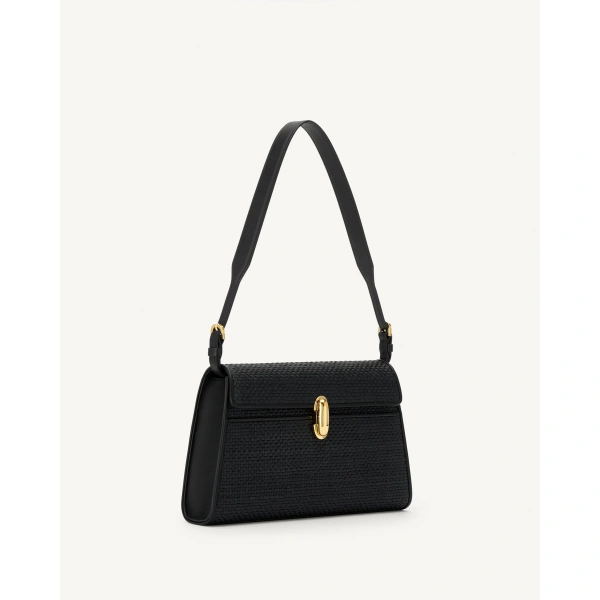 Savette Symmetry Shoulder Bag in Black Raffia, view 2 | Shoulder & Crossbody Bags | Coveti