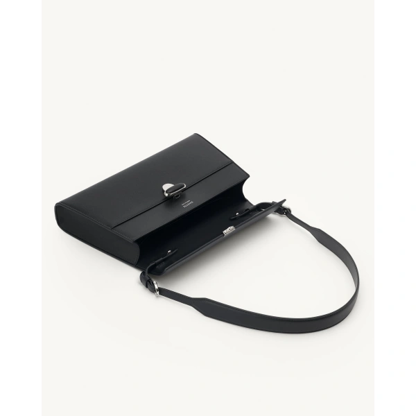 Savette Symmetry Shoulder Bag with Leather-Inset Lock in Black, view 3 | Shoulder & Crossbody Bags | Coveti