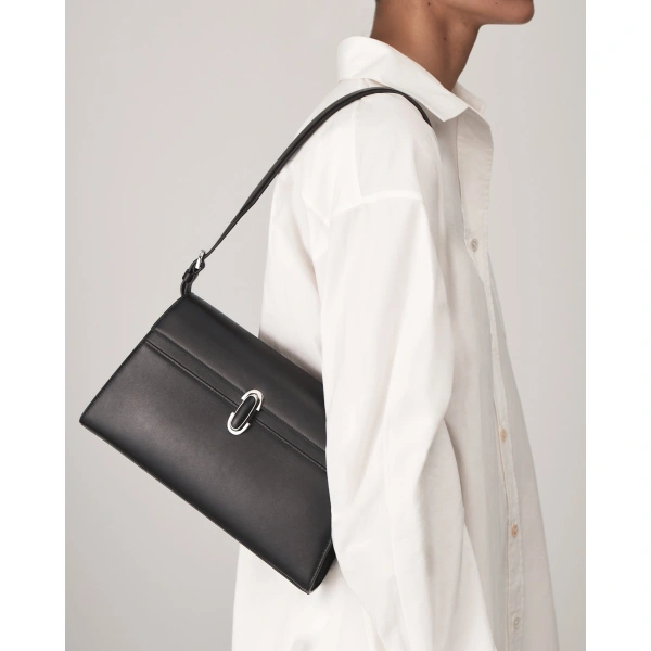 Savette Symmetry Shoulder Bag with Leather-Inset Lock in Black, view 4 | Shoulder & Crossbody Bags | Coveti