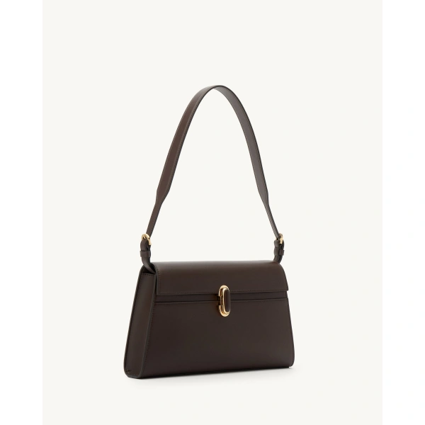 Savette Symmetry Shoulder Bag with Leather-Inset Lock in Coffee, view 2 | Shoulder & Crossbody Bags | Coveti