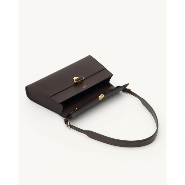 Savette Symmetry Shoulder Bag with Leather-Inset Lock in Coffee, view 3 | Shoulder & Crossbody Bags | Coveti