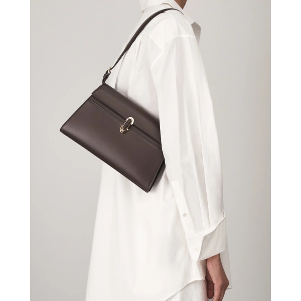 Savette Symmetry Shoulder Bag with Leather-Inset Lock in Coffee, view 4 | Shoulder & Crossbody Bags | Coveti