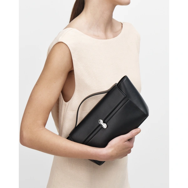 Savette Symmetry Trapeze Pochette in Black Smooth Leather, view 5 | Totes & Top-Handle Bags | Coveti