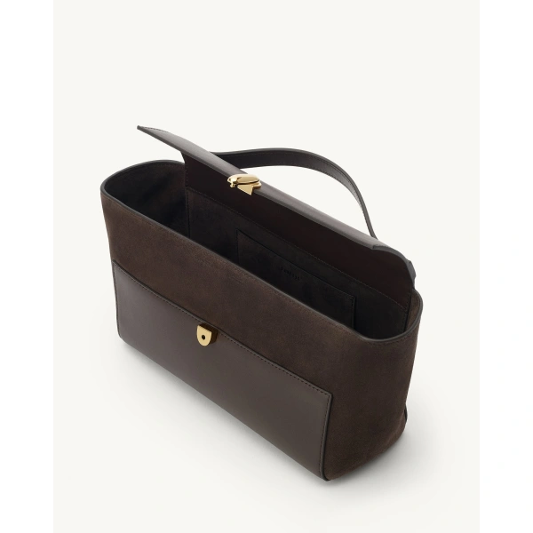 Savette Symmetry Trapeze Pochette in Coffee Mixed Leather, view 3 | Totes & Top-Handle Bags | Coveti
