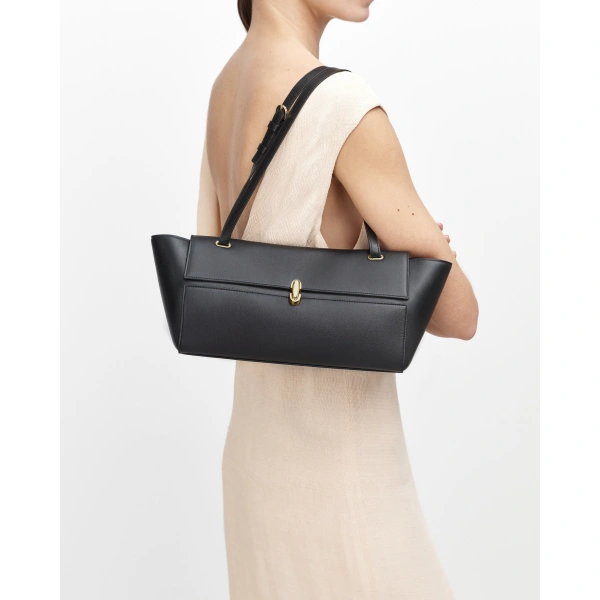 Savette Symmetry Trapeze Shoulder Bag in Black Smooth Leather, view 4 | Shoulder & Crossbody Bags | Coveti
