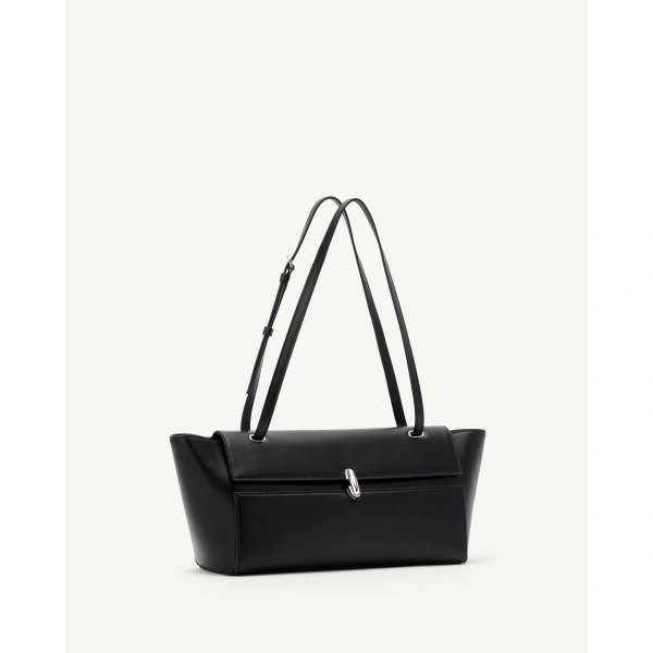 Savette Symmetry Trapeze Shoulder Bag in Black Smooth Leather with Silver Hardware, view 2 | Shoulder & Crossbody Bags | Coveti