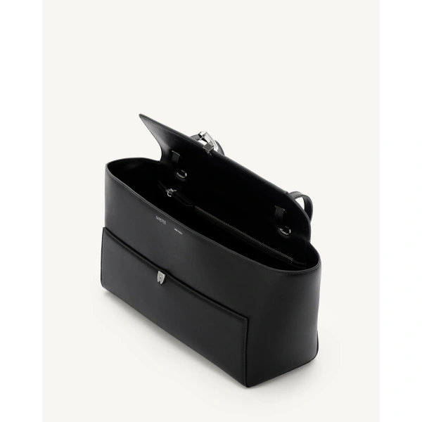 Savette Symmetry Trapeze Shoulder Bag in Black Smooth Leather with Silver Hardware, view 3 | Shoulder & Crossbody Bags | Coveti