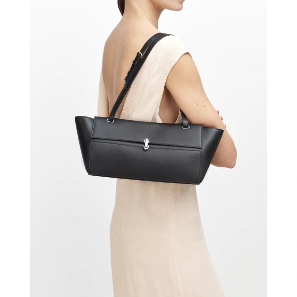 Savette Symmetry Trapeze Shoulder Bag in Black Smooth Leather with Silver Hardware, view 4 | Shoulder & Crossbody Bags | Coveti